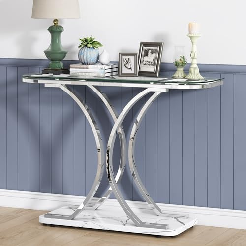 O&K FURNITURE Mesas consola modernas para entrada, mesa de entrada de vidrio con marcos curvos y base de mármol, mesa de sofá de vidrio cromado para sala de estar, pasillo de entrada, vidrio plateado
