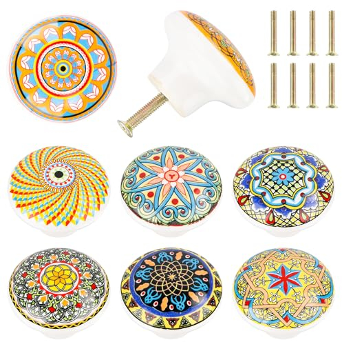 8 Pcs boutons de meubles en céramique boutons de portes pour placards de style bohème 39mm poignée tiroir avce vissé pour placard armoire cuisine, chambre d'enfant