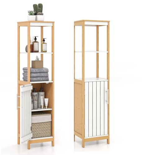 LIFEZEAL Hochschrank Bambus, Badezimmerschrank Badschrank 129cm Hoch mit Fächern & Schrank, Freistehender Beistellschrank Aufbewahrungsschrank für Badezimmer, Flur, Küche, Wohnzimmer, Natur