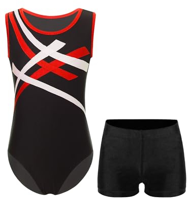 HULIJA Jungen Gymanstikanzug Ärmellos Sportbody mit Kurze Hose Turnanzug Jogginganzug Gymnastik Wettbewerb Bekleidungsset Rot schwarz 158-164