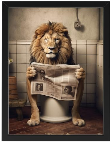 Deqosy Löwe auf WC, Poster 30cm x 40cm mit Rahmen, Toilette Badezimmer Deko Bild, Wand-Deko Bilder Lustiges Geschenk