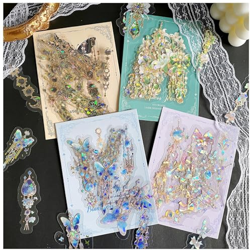 Arpaper Scrapbook Zubehör Stickers 80 Stück,Laser Bullet Journal Sticker PET Scrapbooking Zubehör Glitzer Harz Set Scrapbooking Sticker Aufkleber (Schmuck) Deko für Hochzeit,Fotoalbum,Kalender