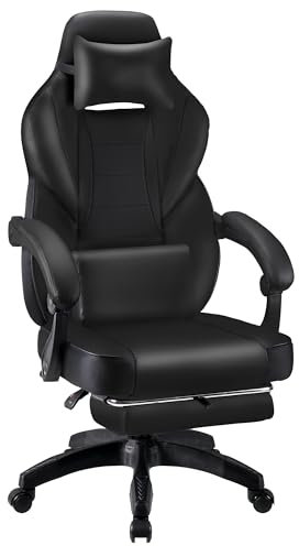 T-THREE.High-back ergonomic computer chair, gaming seat, office and study swivel chair, racing-style with adjustable lumbar and headrest support, 150kg capacity, includes footrest.(Black)