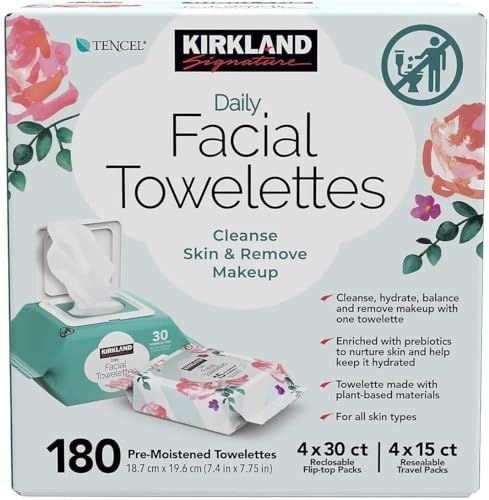 Kirkland Signature Daily Facial Towelettes. Gentle Cleansing for Everyday Refreshment.Remove makeup.Cleanse, Hydrate and Balance with One Towelette.For all skin types.180 Count, 1-Box