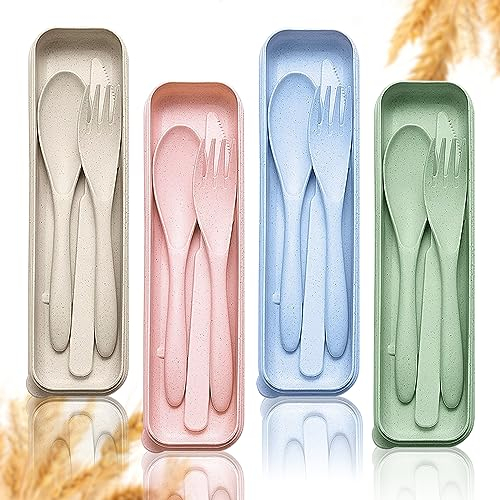 Belugsin Juego de 4 Cubiertos Reutilizables con Funda Cubiertos de PláStico Juego de Cuchillos y Tenedores de Viaje Cubiertos de PláStico PortáTil para Viajes Al Aire Libre, Escuela, Oficina