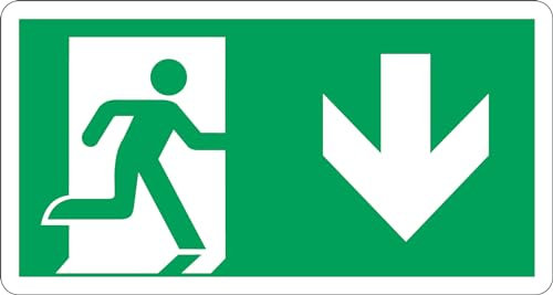 GLOBAL CARTELLO SEGNALETICO UNI - USCITA DI EMERGENZA VERSO IL BASSO - Adesivo Extra Resistente, Pannello in Forex, Pannello In Alluminio (30x12 cm, Plastica)