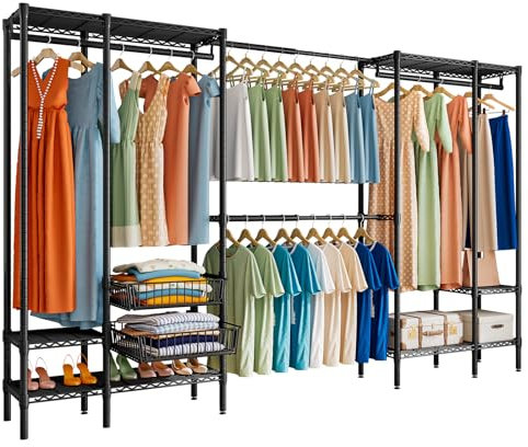 Taotigzu Portant à Vêtements Extensible avec Panier Coulissant, Porte-manteau en Métal Réglable avec Étagères à Chaussures, Charge Max 500kg, 248-293x40x195 CM (Noir)