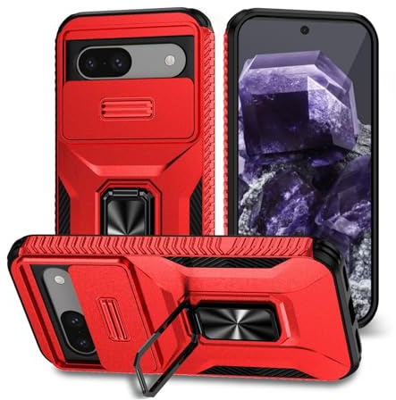 Casevita Schutzhülle kompatibel mit Google Pixel 8A mit Schiebe-Kamera-Abdeckung und Ständer, Militärqualität, für Pixel 8A 5G 2024, für Mann und Frau, Rot