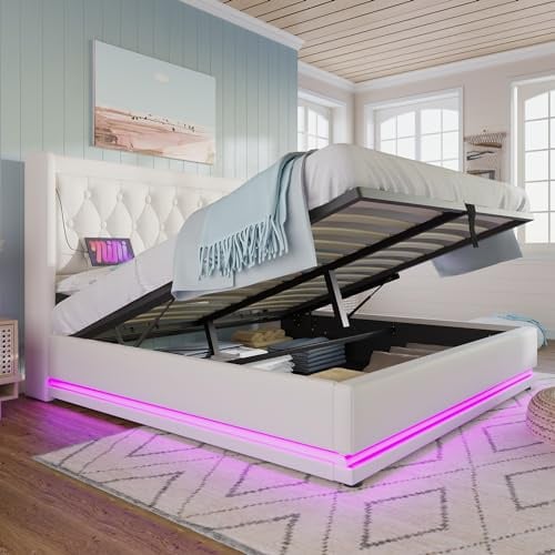 Dolamaní Doppelbett 160x200 cm Modern mit Stauraum, Boxspringbett mit Bettkasten Polsterbett, Polster Kopfteil, Funktionsbett, Stauraumbett, Weiß-PU