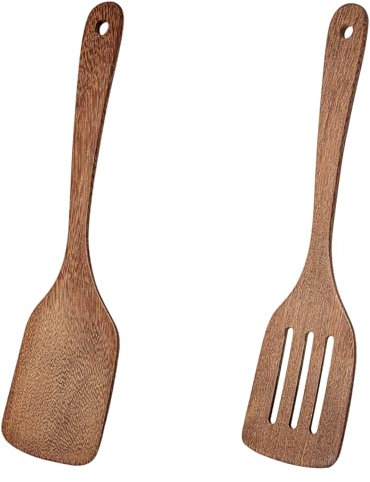 HEOUCH 2 Pièces Ustensiles de Cuisine en Bois, Spatule Avec Trous, Antiadhésive, Set de Spatules Résistantes aux Rayures, à la Chaleur et Antibactériennes
