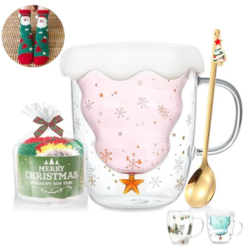 Christmas Gifts for Women Stocking Fillers Cute Christmas Tree Mugs Xmas Gifts for Her Double Walled Glasses Coffee Mug,Tea Cup,Espresso Cup Xmas Present for Women,Men,Kid Christmas Decorations