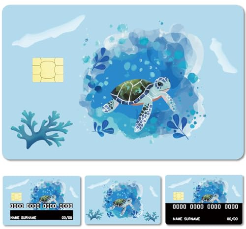 CREATCABIN 4Pcs Carte Tortue De Mer Bleue Carte Crédit Décoration Personnalisée Carte Bancaire Peau Imperméable à l'eau Amovible sans Bulles Anti Rayures Carte De Protection Cadeau De Noël 5.4x8.6cm