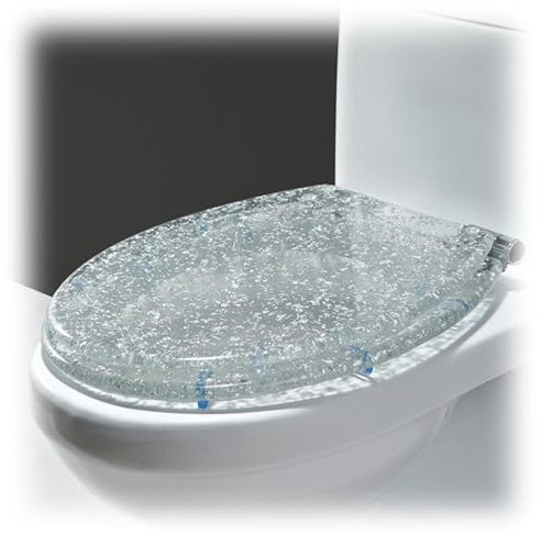 Lunette de toilette à paillettes avec fermeture amortie et libération rapide et charnière réglable à 360 degrés en acier inoxydable, installation facile pour décoration de salle de bain (argent