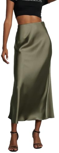 OLIPHEE Jupe Longue Femme Jupe Satin Taille Haute Elastique Robe Femme Robe Satin Ligne A Couleur Unie Casual Chic Élégante Soirée