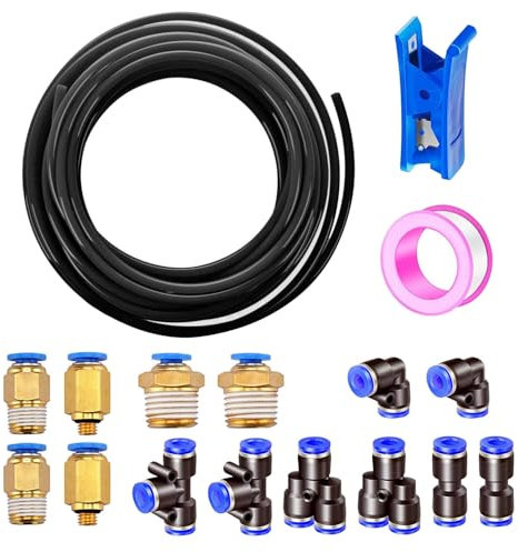 HAXIHA 12M Pneumatik Schlauch Schwarz 6mm OD 4mm ID Polyurethan PU Luftschlauch Rohr Druckluftschlauch ist Geeignet für Pneumatische Geräte, mit 14 Stück Pneumati kverbinder (Y/T/L/I förmig)