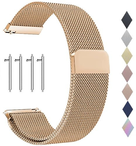 PDSQL Edelstahl Mesh Uhrenarmband, Metall Ersatz Armband Edelstahlarmband mit Magnetverschluss Smartwatch Schnellverschluss Watch Uhren Ersatzband Für Damen Herren (Rosegold, 20mm)