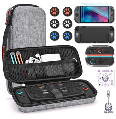 innoAura Switch 2 Tasche 14-in-1 Bundle für NS Switch 2 (2025), Switch 2 Case mit Tragetasche, Schutzhülle, Stick-Caps, Schutzfolie, süßem Anhänger und Sticker, Grau