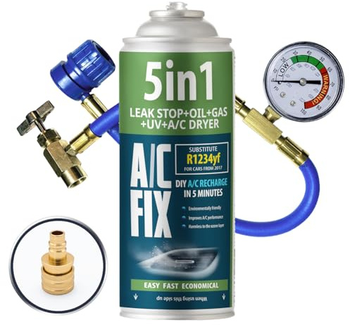 AC FIX 5 en 1 – R1234yf + Manguera + Adaptador Refrigerante para aire acondicionado de coche con aceite, sellador, tinte UV y desecante. Aplicación rápida. Protege el compresor.