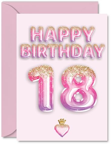 18th Birthday Cards for Women and Men, Pink & Purple Glitter Balloons | Happy Birthday Card for 18 Year Old Man Woman Daughter Uncle Niece Son, A5 Bday Greeting Cards
