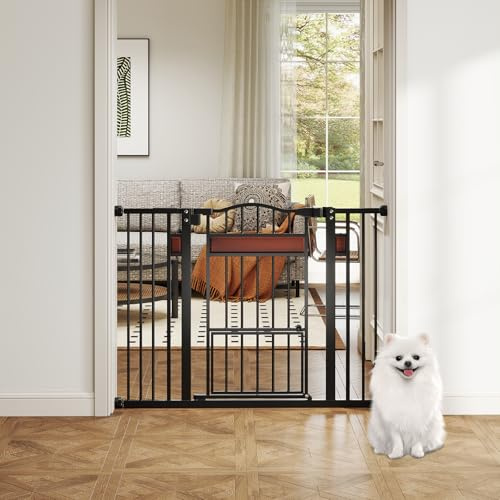 GOPLUS Türschutzgitter mit Katzenklappe, 74-104cm Sicherheitsgitter für Haustiere, Schutzgitter mit Kleiner Tür, Autoclose, Verlängerungen, Treppenschutzgitter ohne Bohren für Hunde & Katzen (Schwarz)