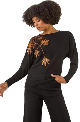 Roman Originals Women Diamante Embellished Jumper Ladies Sparkly Sequin Sweater Batwing Autumn Winter Knit Knitwear Glittery Shiny Casual Evening Going Out Party - Noir Gold - Size 16