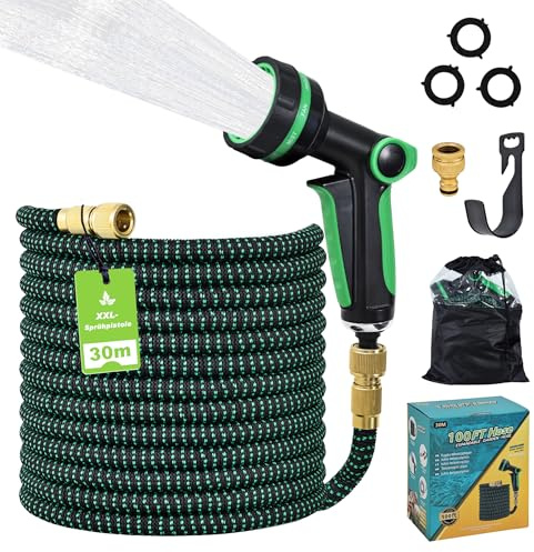 FLOWCASA Flexibler Gartenschlauch 30 m, Dehnbarer Wasserschlauch mit Brause | Von 10 auf 30 m ausziehbar; TPE 2500D, 24-cm-Brause mit 10 Sprüharten und Metalladaptern 1/2 und 3/4 für Garten und Auto.