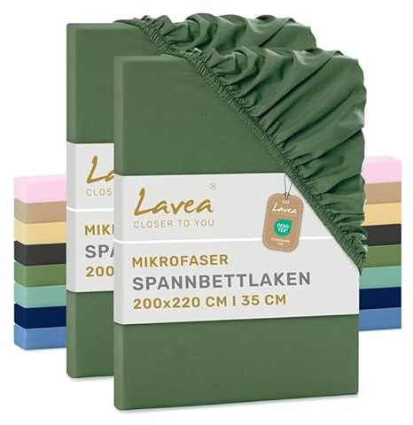 Lavea® 2er Set Spannbettlaken 200x220 cm - Olivgrün | Mikrofaser, Bettlaken mit Rundumgummi, für Matratzen bis 35 cm, atmungsaktiv und kühlend, pflegeleicht, Spannbetttücher