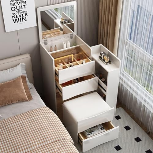 TWSOUL 3 in 1 Schminktisch mit Klappspiegel und LED, Kommode Ecke mit Hocker, Kosmetiktisch für Schlafzimmer, Schminktisch Klein, 4 Schubladen, für Wohnung, Kleines Zimmer, Weiß