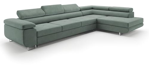 Ecksofa mit Schlaffunktion PASTI XL L-Form, Sofa Couch mit Bettkasten, Couch Eckcouch, Schlafsofa für Wohnzimmer Couch mit Schlaffunktion (Pet Friendly Edition Mintgrün, Ottomane Rechts)