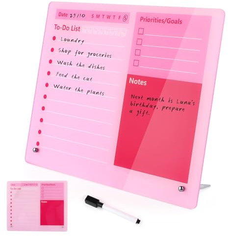 Tableau de bureau en acrylique épais effaçable à sec - 25 x 30 cm - Rose - Tableau de planification avec support et marqueurs, plateau de table rose effaçable à sec, organiseur de tâches quotidiennes