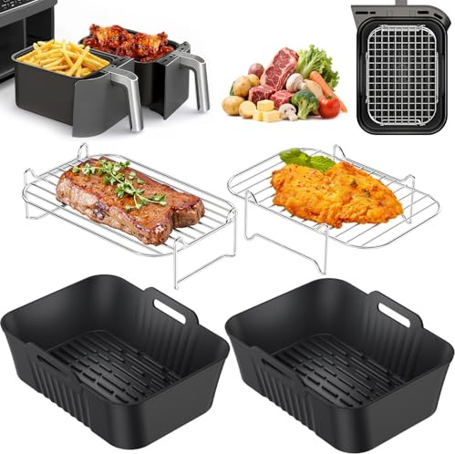 Accesorios para freidora de aire 4 Piezas para Ninja Dual Zone 8,5-11,4L | 2x molde silicone 2x rejilla inox 304, Sin BPA, Apilable, para Ninja AF400EU/DZ400EU/AF500EU/AF350EU y otros Dual Air Fryer