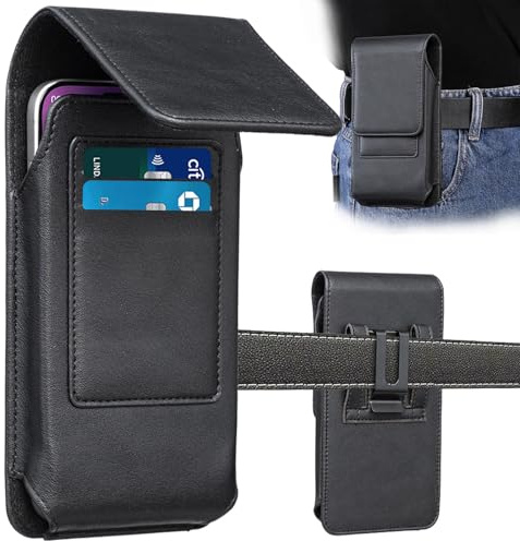 Miimall Belt Pouch Phone Holster for iPhone 17 Pro Max/16 Plus, Samsung S26 Ultra/S26 Plus, Z Fold 8 Ultra/7/6, [2 Card Holder] [Magnetic Closure] [Belt Loop Clip] Leather Phone Holder, Black