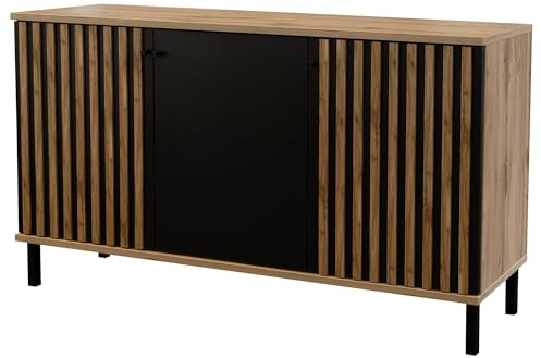 Masseno Kommode Draven 150 cm Sideboard mit Schubladen und 3 Türen für Wohnzimmer Schlafzimmer Modern 150x45x85 cm Eiche Wotan/Schwarz