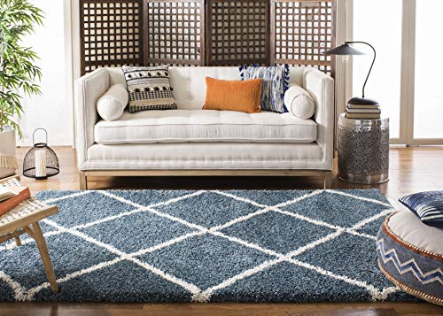 SAFAVIEH Zottelig Teppich für Wohnzimmer, Esszimmer, Schlafzimmer - Hudson Shag Collection, Hoher Flor, Schieferblau und Elfenbein, 122 X 183 cm