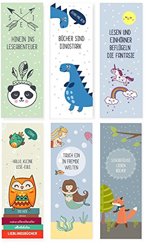 dabelino 6er Set Lesezeichen für Kinder (Einhorn, Fuchs, Eulen, Dinosaurier, Lama, Weltall)