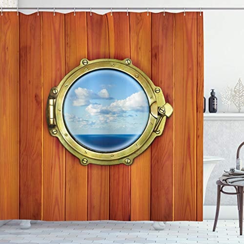 ABAKUHAUS Nautical Shower Curtain, Porthole Wooden Background Window Ship Old Sailing Vessel Print, Cloth Fabric Bathroom Decor Set with Hooks, 94 Inches, Dark Orange Pale Blue