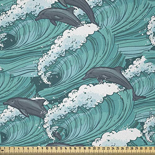 ABAKUHAUS Ozean Stoff als Meterware, Surfen Doodle Dolphins, Microfaser Stoff für Dekoratives Basteln, 1M (230x100cm), Dunkelgraues Petrolweiß