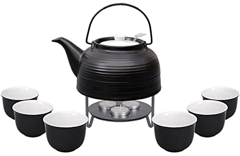 Teeservice „Nelly“. Moderne Teekanne 1,5 Liter in schwarz aus hitzebeständiger Keramik mit Edelstahlfilter, 6 Teecups 120ml in weiß-schwarz und Metall-Stövchen.