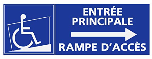 Panneau PVC Handicapé - Personne à mobilité réduite rampe d’accès entrée principale flèche droite 18x6cm épaisseur 5mm