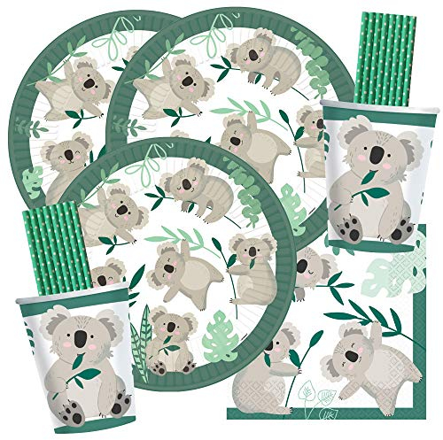 spielum 64-teiliges Party Set Koala - Teller Becher Servietten Papiertrinkhalme für 16 Kinder
