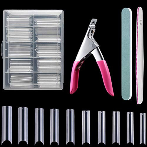 Acmerota punte per unghie a mezza copertura con curva a C extra lunga, punte trasparenti a forma quadrata lunga 400 pezzi con tagliaunghie, striscia di levigatura, lima per unghie per unghie