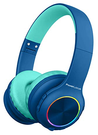 PowerLocus Kinderkopfhörer Bluetooth, Kinder Kopfhörer Kabellos mit LED-Leuchten und 94DB Lautstärkebegrenzung, Faltbare Kopfhörer, HD Stereo, Micro SD,Eingebautes Mikrofon für Schule/Laptop/Handy/TV