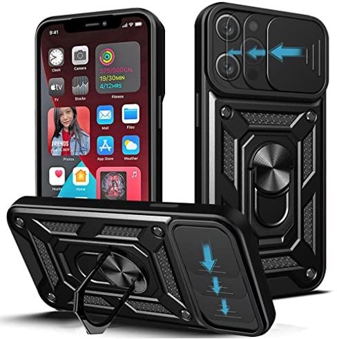 NC LOCLOUD - Cover per iPhone 12 Pro Max, protezione della fotocamera, con lente scorrevole, cover e supporto ad anello, custodia per PC duro e TPU silicone antiurto antigraffio – nero