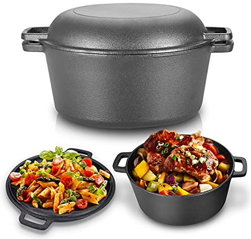 Cacerola con tapa de parrilla, olla de hierro fundido, diámetro de 26 cm, 4,5 L, doble horno holandés, horno holandés 2 en 1, horno para todas las fuentes de calor, incluye inducción