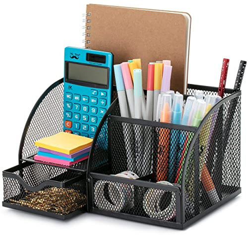 Mr. Pen Moderner, minimalistischer Schreibtisch-Organizer aus schwarzem Netzstoff, 6 Fächer und 1 ausziehbare Schublade, perfekt für Büro, Schule und Heimbedarf