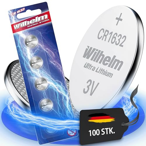 Wilhelm CR1632 Lithium Knopfzellen 3V 140 mAh, ø16x3,2 mm – 100 Stück