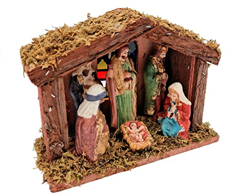 Spetebo Holz Weihnachtskrippe mit LED Beleuchtung - 20 cm - beleuchtete Tischkrippe mit 6 Figuren - traditionelle Weihnachts Tisch Baum Dekoration Batterie betrieben