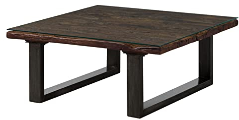 MASSIVMOEBEL24.DE | City Couchtisch aus Massivholz #28 | aus Altholz - Braun, lackiert | mit Glasplatte | 100 x 100 x 42 cm | Kaffeetisch Sofatisch Beistelltisch