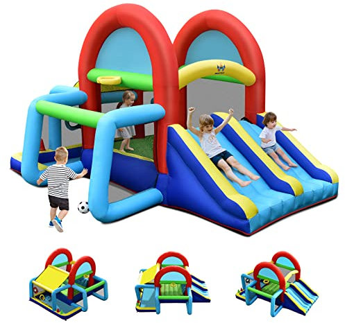 GOPLUS 8 en 1 Château Gonflable avec Double Toboggans,Trampoline,But de Football,Panier de Basket,pour 4 Enfants 3-10 Ans Charge 120KG 424x300x240cm (sans Souffleur)