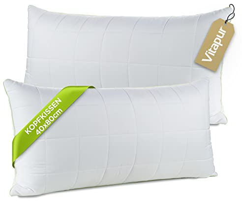 Vitapur Almohada de 40 x 80 cm, tamaño mediano, juego de 2 bases+|almohada ajustable|para todas las posiciones de dormir, lavable a 60 °C, relleno extraíble
